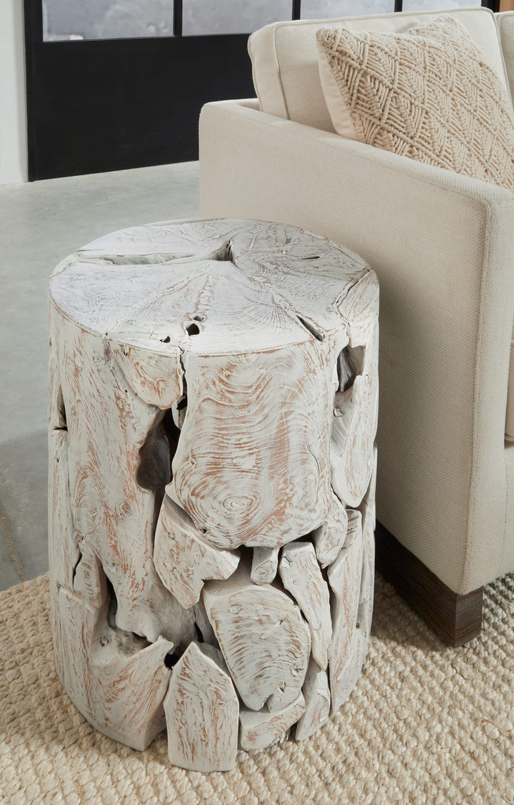 One Teak Slice Round End Table in Bleached Teak — lifestyle photo