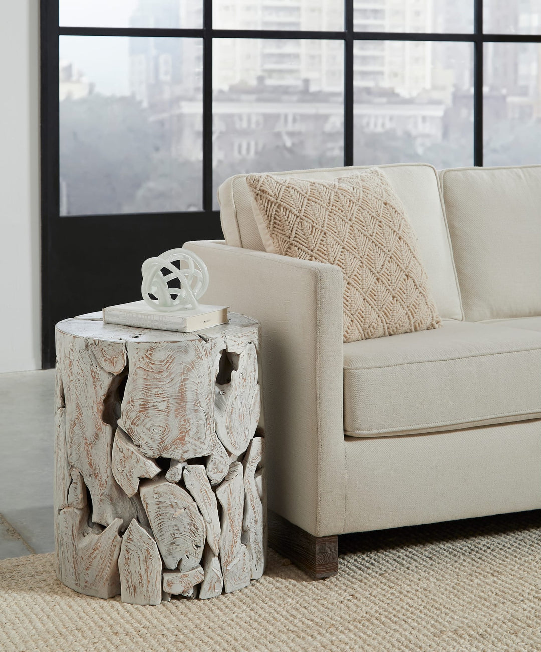 One Teak Slice Round End Table in Bleached Teak — lifestyle photo
