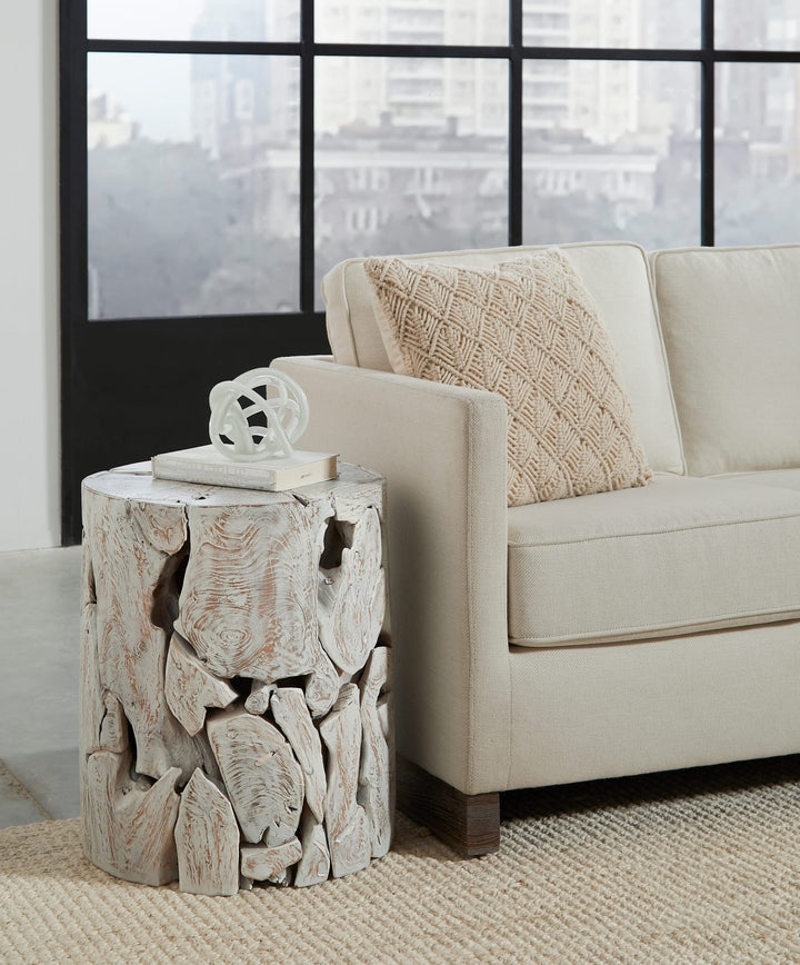 One Teak Slice Round End Table in Bleached Teak — lifestyle photo