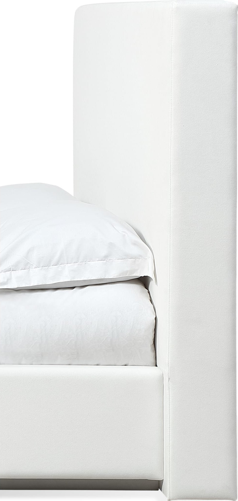 One Upholstered Footboard Storage Bed in Pearl — close-up of the headboard side profile