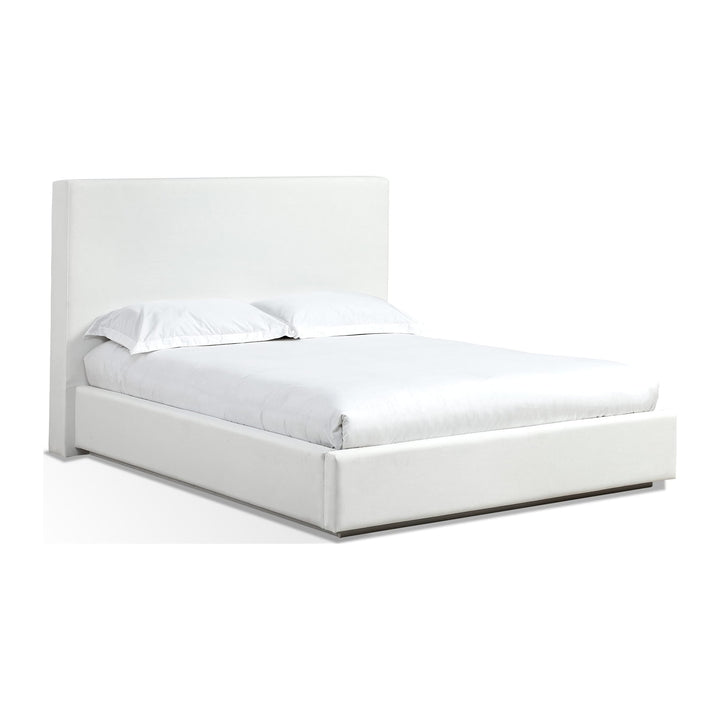 One Upholstered Footboard Storage Bed by Modus in Pearl — white background, angled view