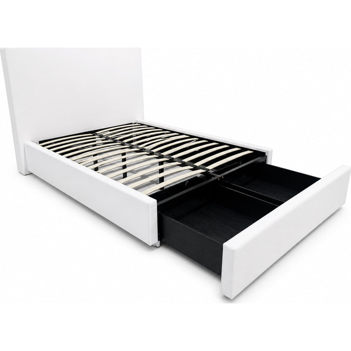 One Upholstered Footboard Storage Bed in Pearl — storage footboard pulled out, without mattress