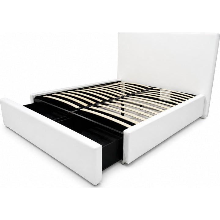 One Upholstered Footboard Storage Bed in Pearl — storage drawers open, without mattress