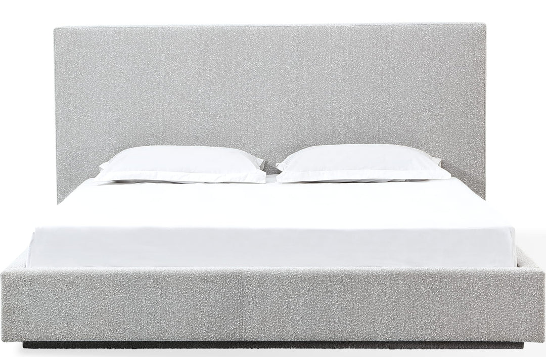 One Upholstered Platform Bed in Cotton Ball Boucle — white background, front view