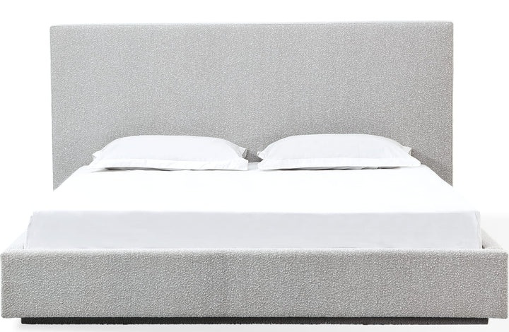 One Upholstered Platform Bed in Cotton Ball Boucle — white background, front view