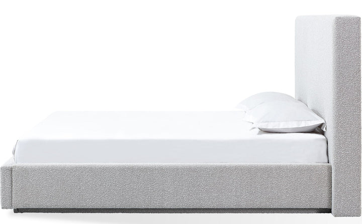 One Upholstered Platform Bed in Cotton Ball Boucle — white background, side profile