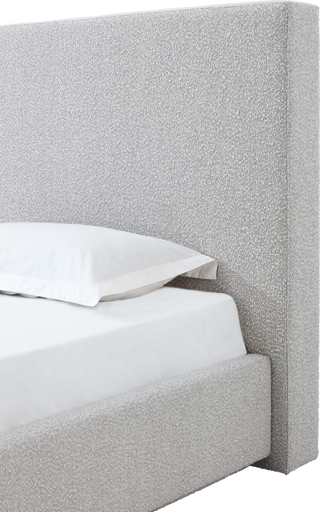 One Upholstered Platform Bed in Cotton Ball Boucle — close-up of the headboard
