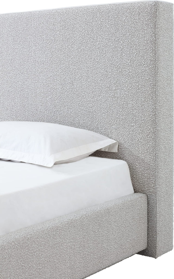 One Upholstered Platform Bed in Cotton Ball Boucle — close-up of the headboard