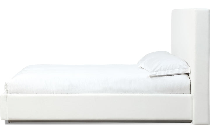 One Upholstered Platform Bed in Pearl — white background, side profile