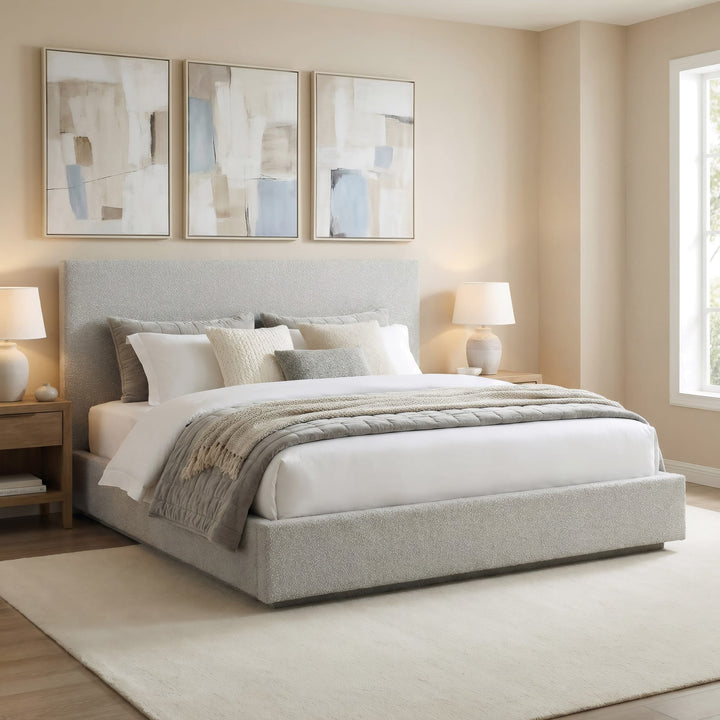 One Upholstered Platform Bed in Cotton Ball Boucle styled in a bedroom