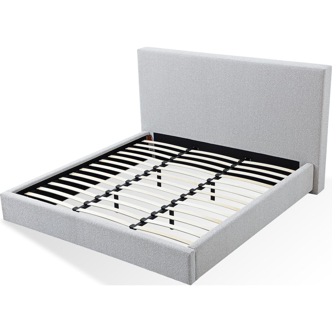 One Upholstered Platform Bed in Cotton Ball Boucle — without mattress, showing slat platform