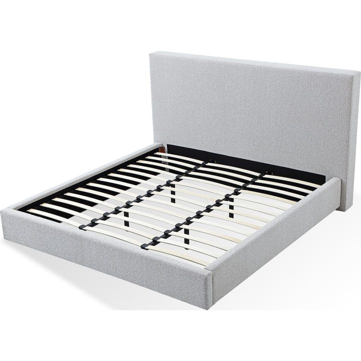 One Upholstered Platform Bed in Cotton Ball Boucle — without mattress, showing slat platform