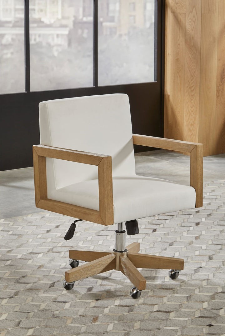 One Wood Frame Office Chair in Solid Wood and White Canvas — lifestyle photo