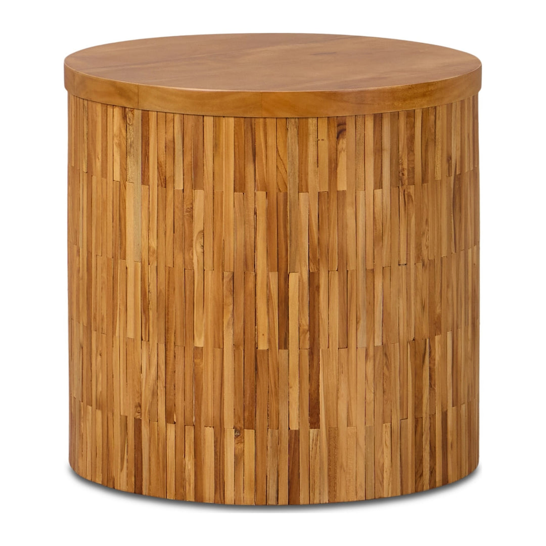 One Wood Tile Round End Table by Modus in Solid Teak — product view on a white background