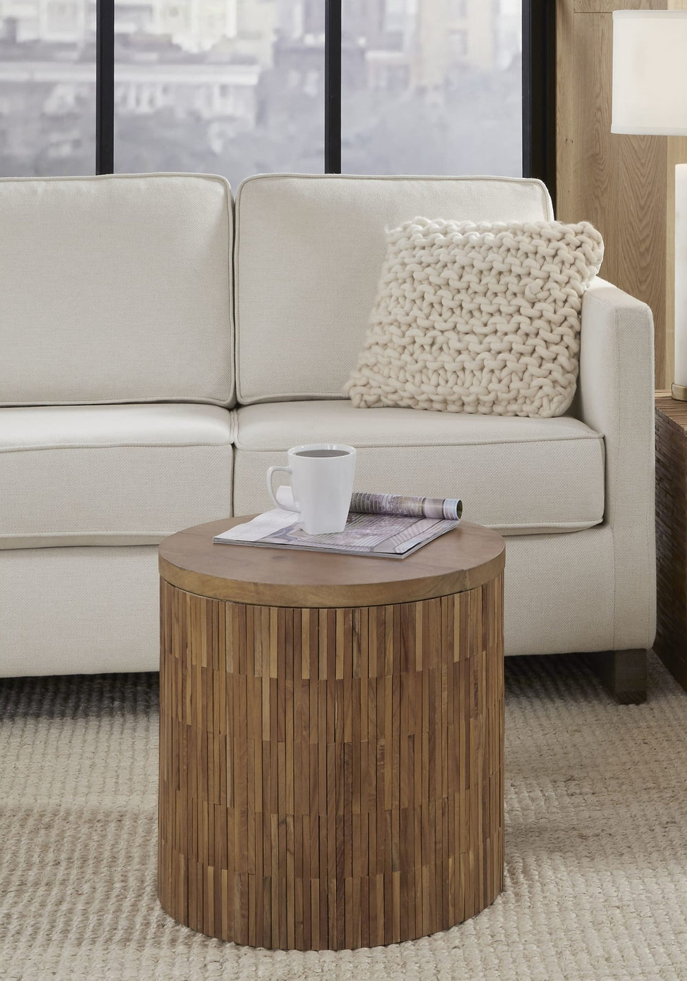 One Wood Tile Round End Table in Solid Teak — lifestyle photo