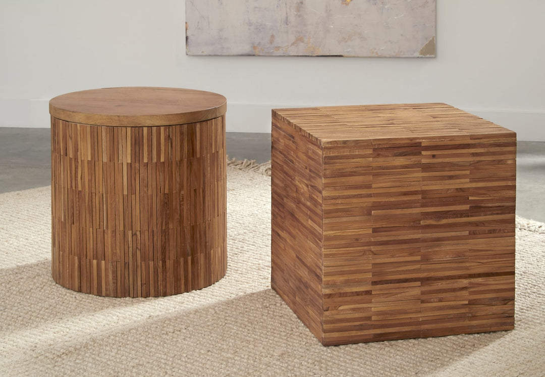 One Wood Tile Round End Table in Solid Teak — lifestyle photo