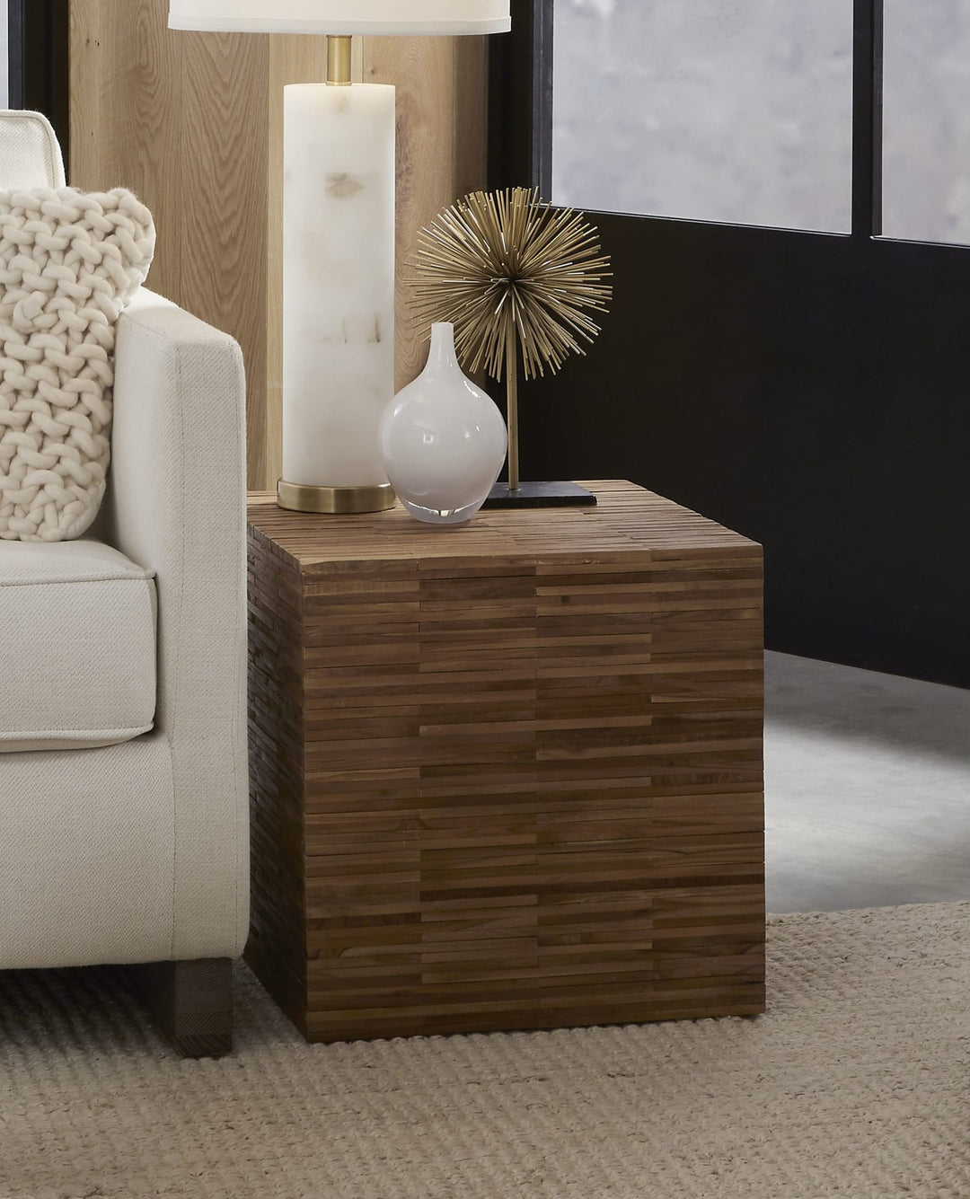 One Wood Tile Square End Table in Solid Teak — lifestyle photo