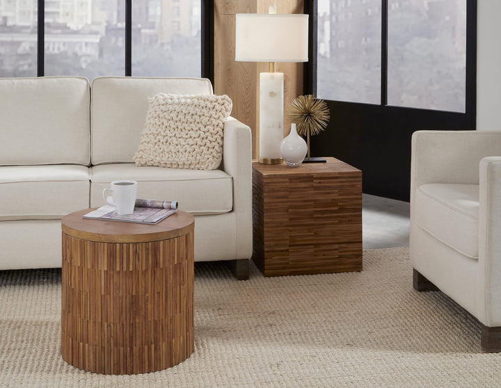 One Wood Tile Square End Table in Solid Teak — lifestyle photo