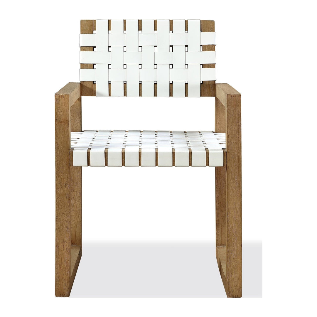 One Woven Leather Dining Arm Chair by Modus in White and Bisque — product view on a white background