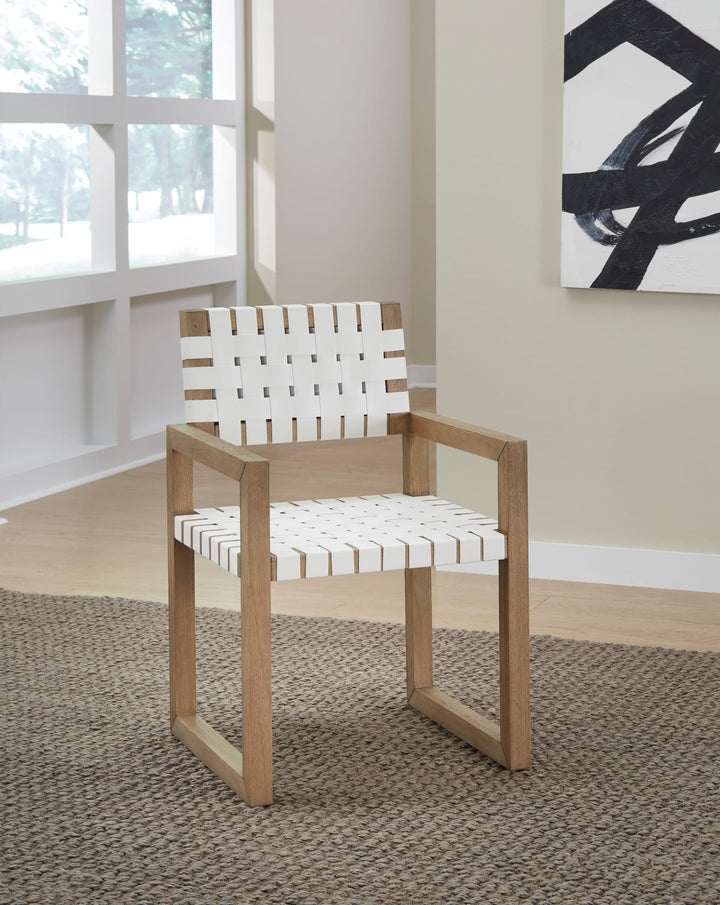 One Woven Leather Dining Arm Chair in White and Bisque — lifestyle photo