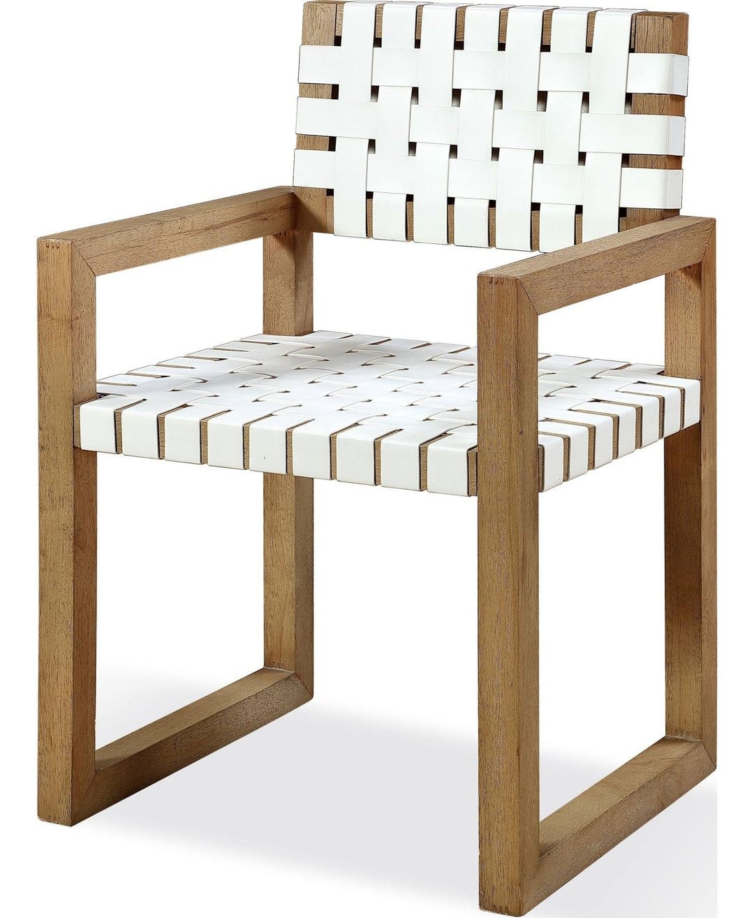One Woven Leather Dining Arm Chair in White and Bisque — product view on a white background