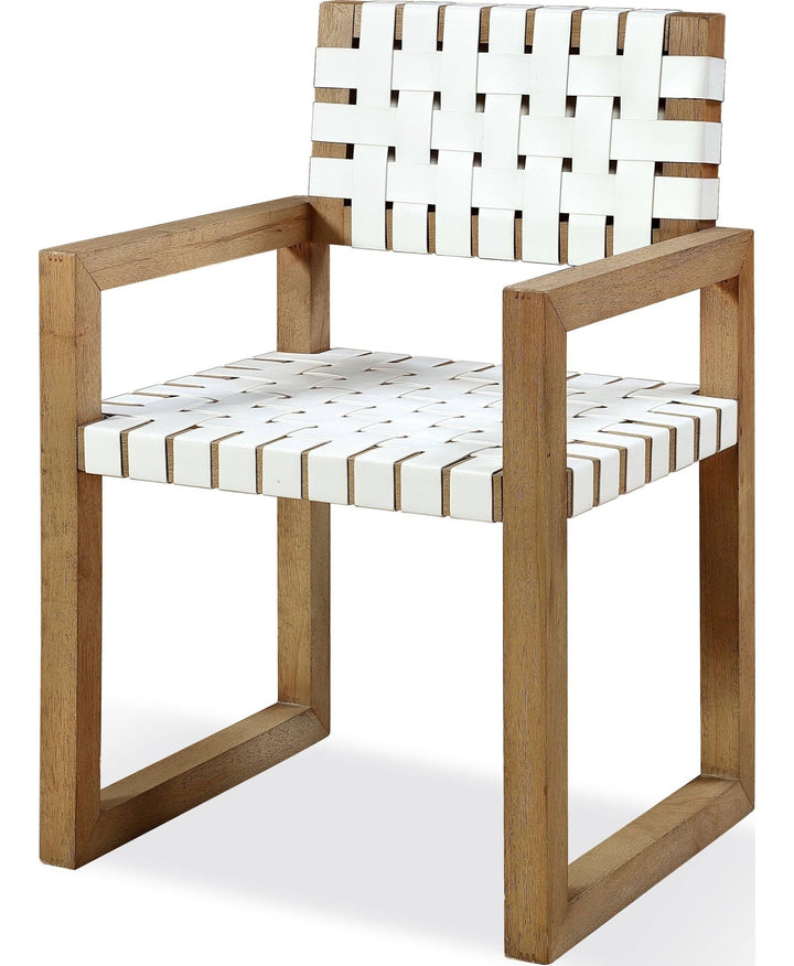 One Woven Leather Dining Arm Chair in White and Bisque — product view on a white background