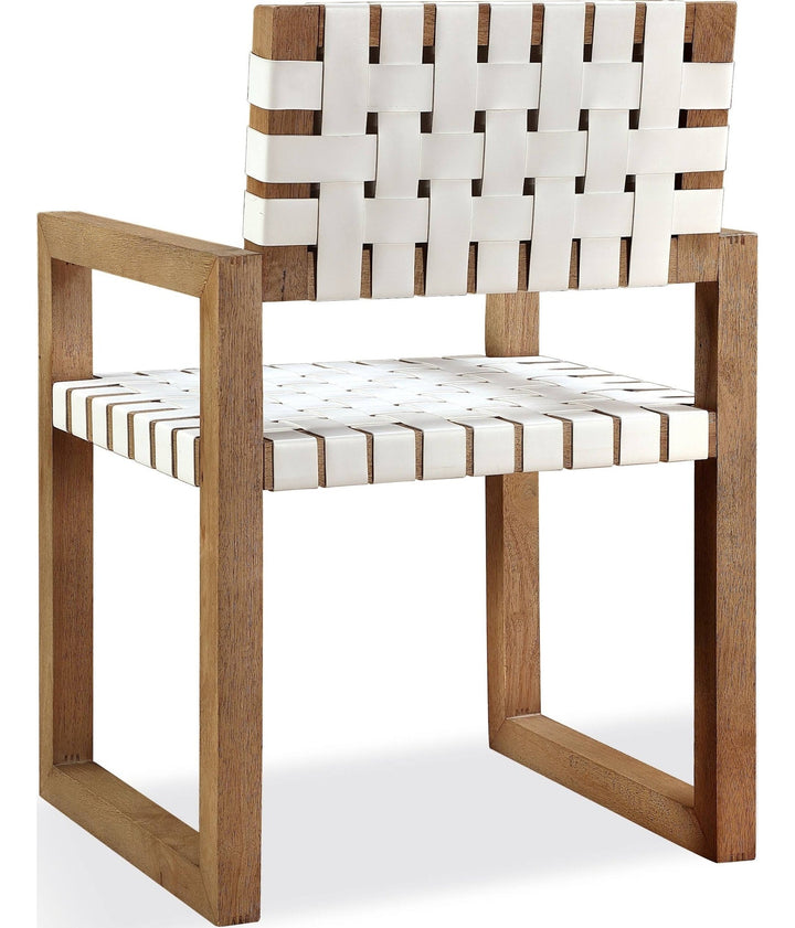 One Woven Leather Dining Arm Chair in White and Bisque — product view on a white background