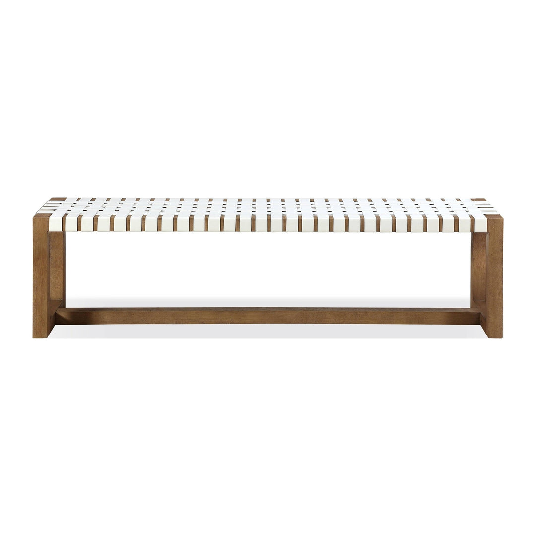 One Woven Leather Dining Bench by Modus in White and Bisque — product view on a white background