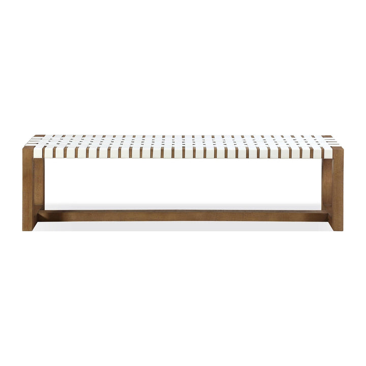 One Woven Leather Dining Bench by Modus in White and Bisque — product view on a white background