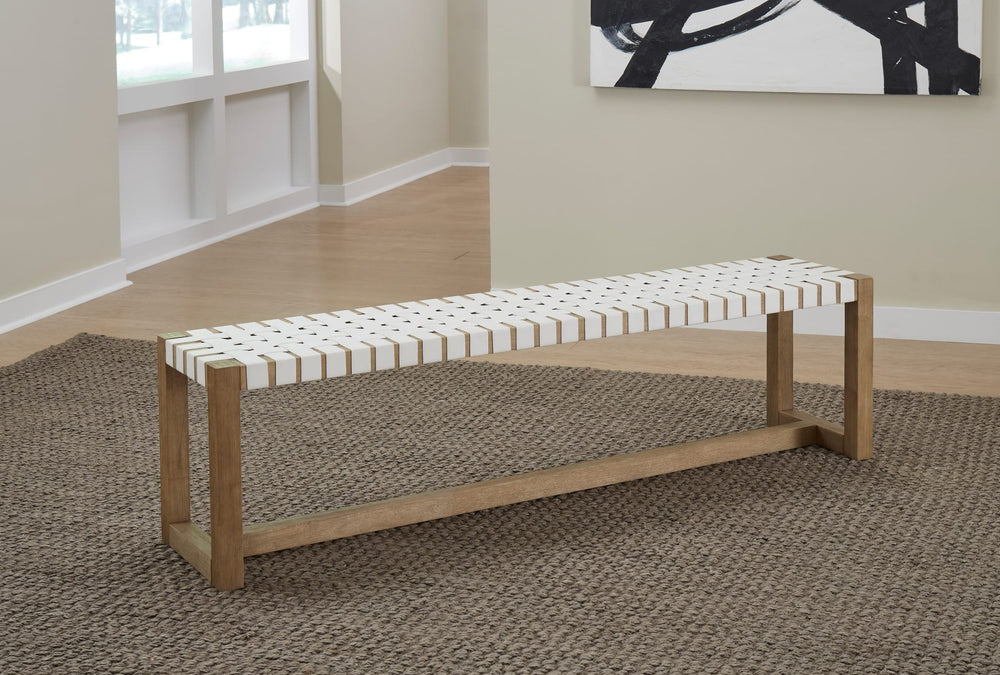 One Woven Leather Dining Bench in White and Bisque — lifestyle photo