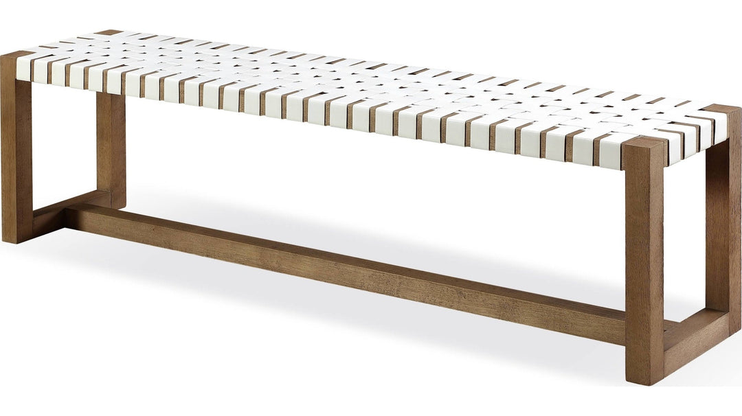 One Woven Leather Dining Bench in White and Bisque — product view on a white background