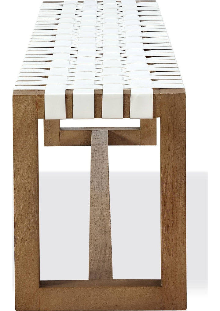 One Woven Leather Dining Bench in White and Bisque — product view on a white background