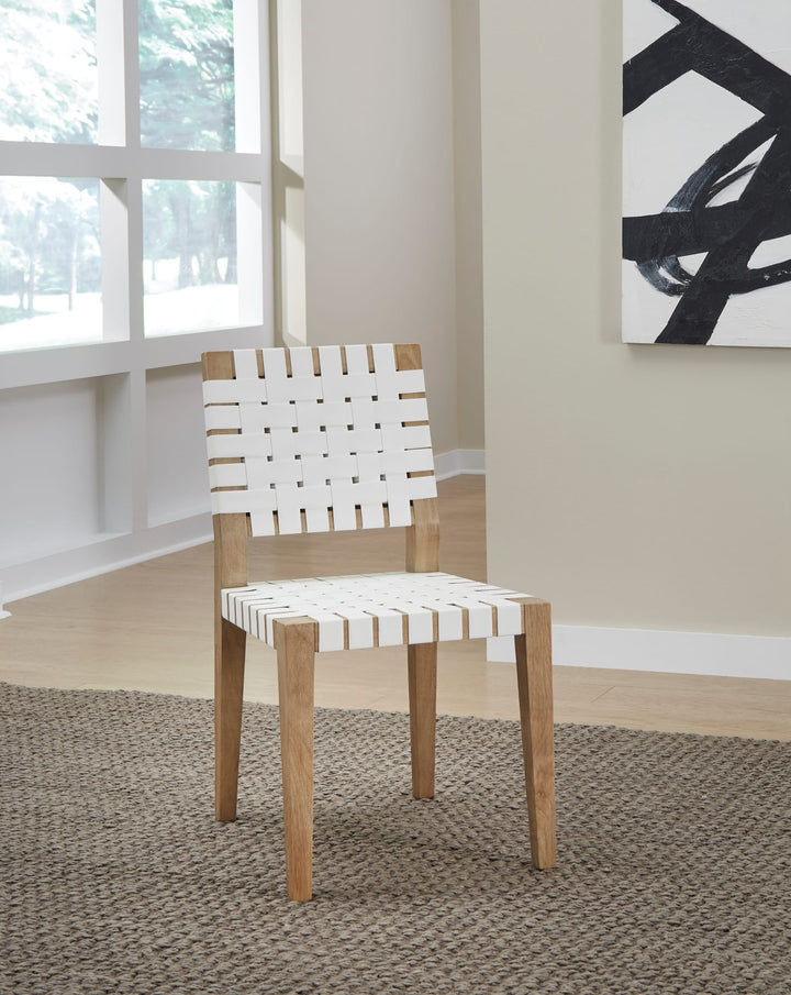 One Woven Leather Dining Side Chair in White and Bisque — lifestyle photo