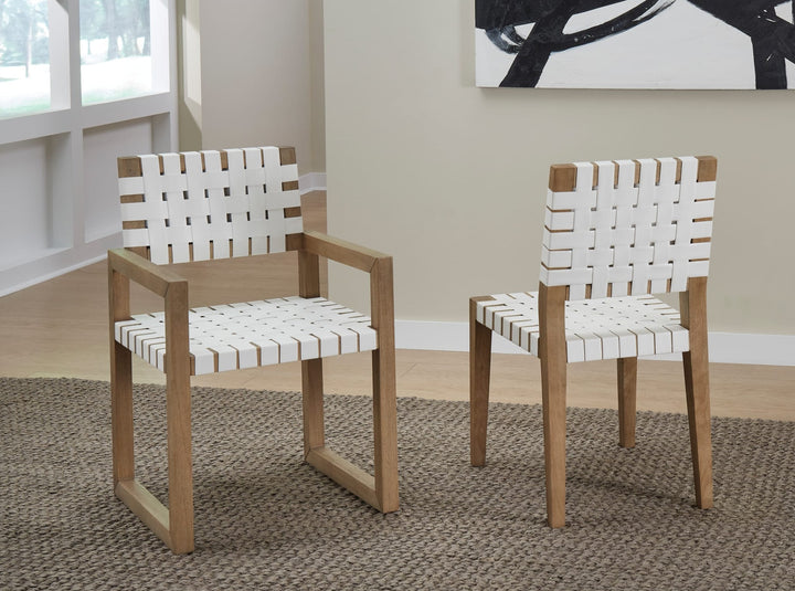 One Woven Leather Dining Side Chair in White and Bisque — lifestyle photo