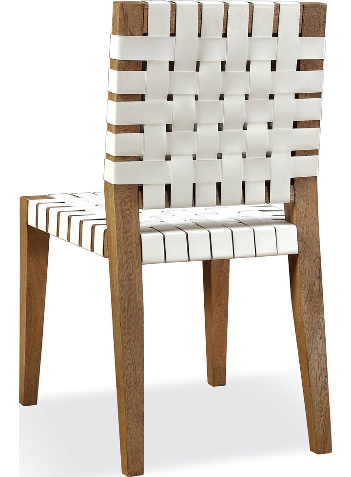 One Woven Leather Dining Side Chair in White and Bisque — product view on a white background