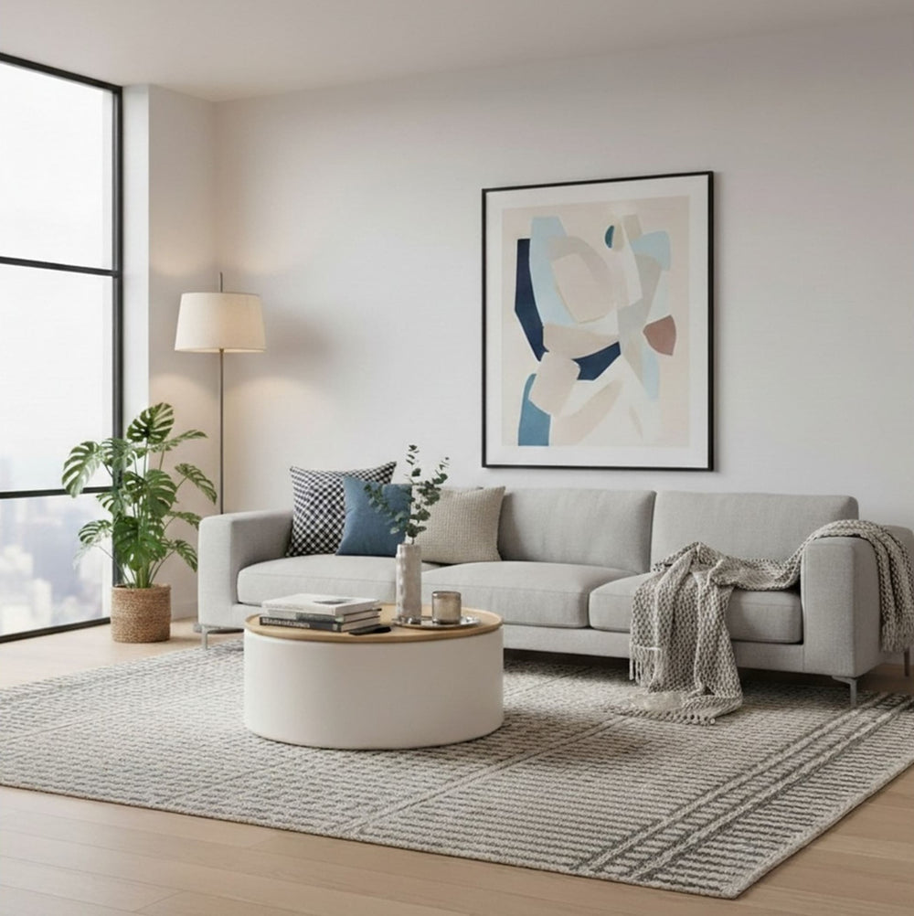 Oskar Lift Top Round Coffee Table in Barley — lifestyle photo