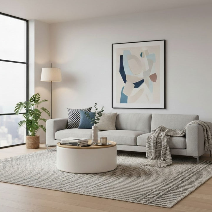 Oskar Lift Top Round Coffee Table in Barley — lifestyle photo