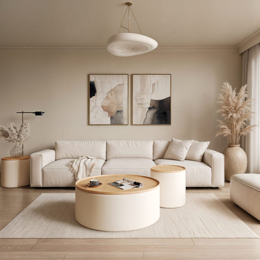Oskar Lift Top Round Coffee Table in Barley — lifestyle photo