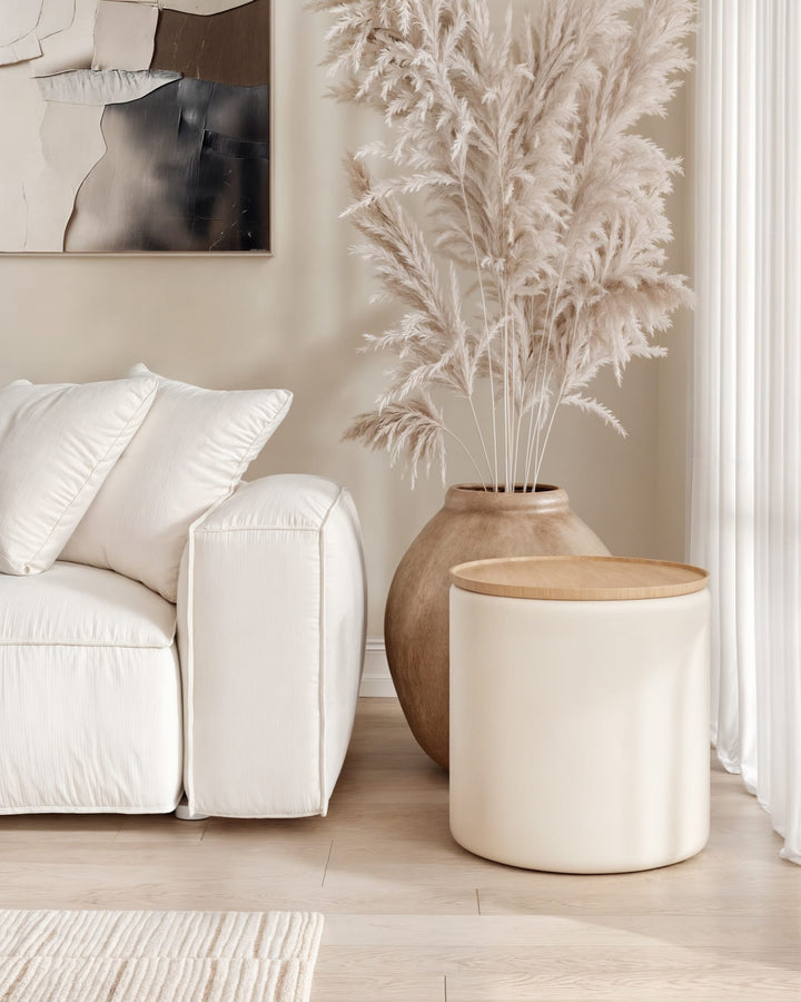 Oskar Lift Top Round End Table in Barley — lifestyle photo