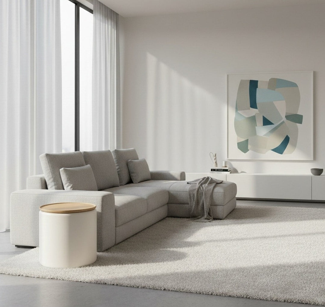 Oskar Lift Top Round End Table in Barley — lifestyle photo