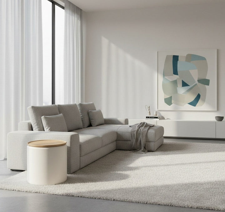Oskar Lift Top Round End Table in Barley — lifestyle photo