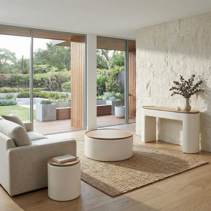 Oskar Lift Top Round End Table in Barley — lifestyle photo