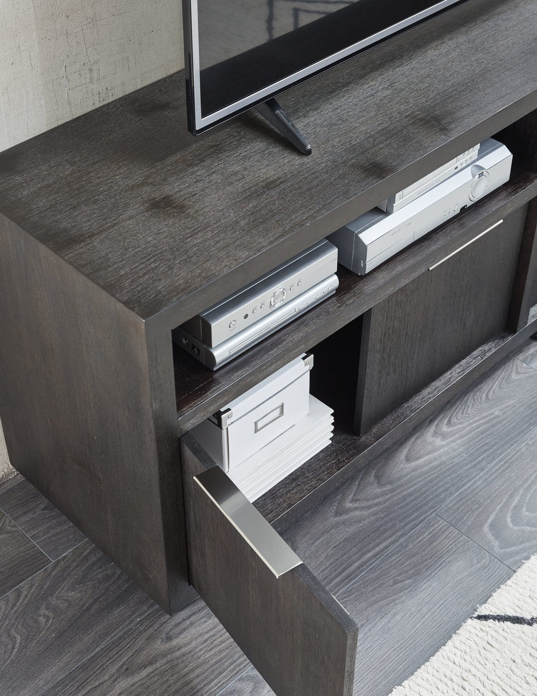 Oxford 74" Media Console in Basalt Grey — lifestyle photo