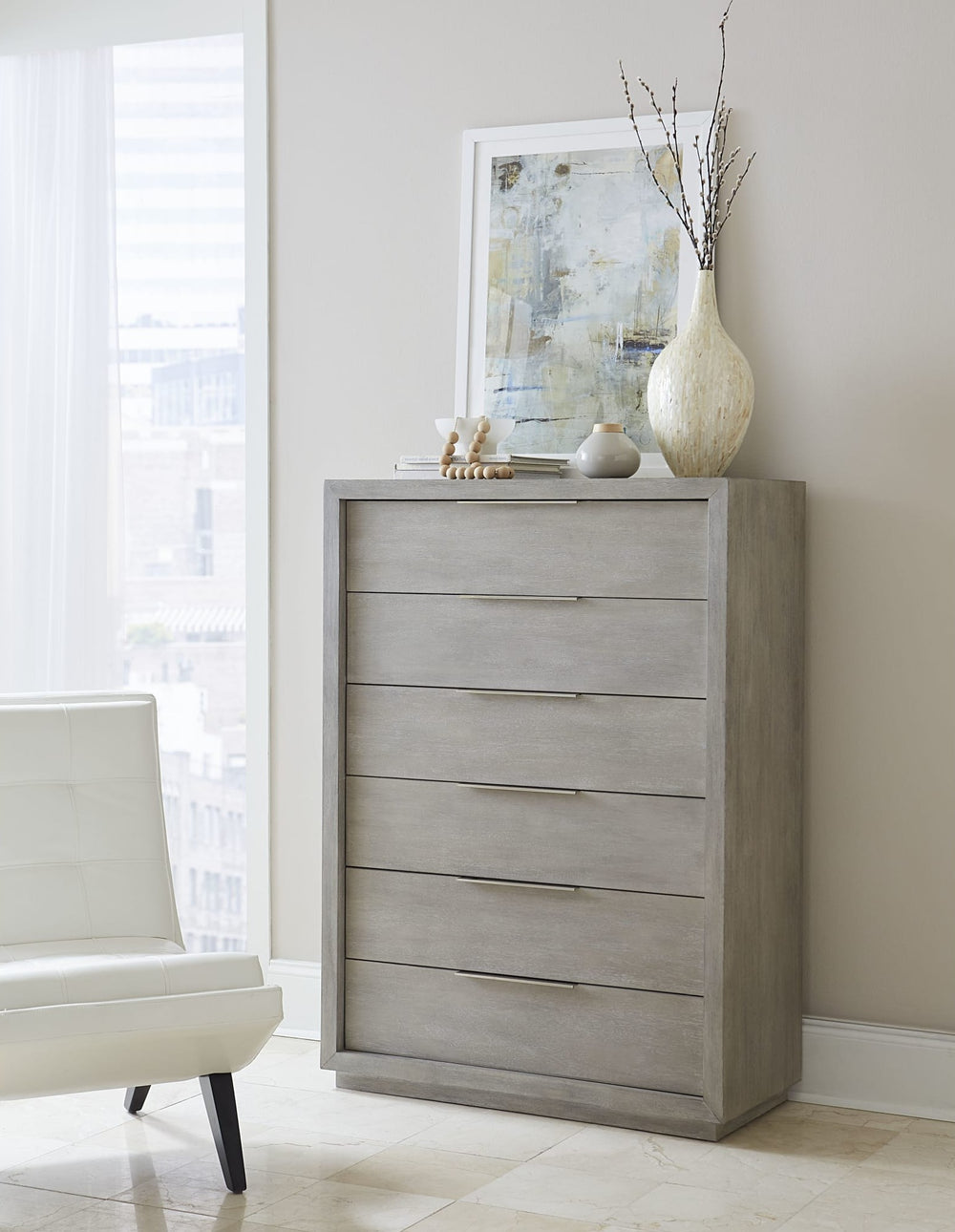 Oxford Six Drawer Chest in Mineral — styled in a room
