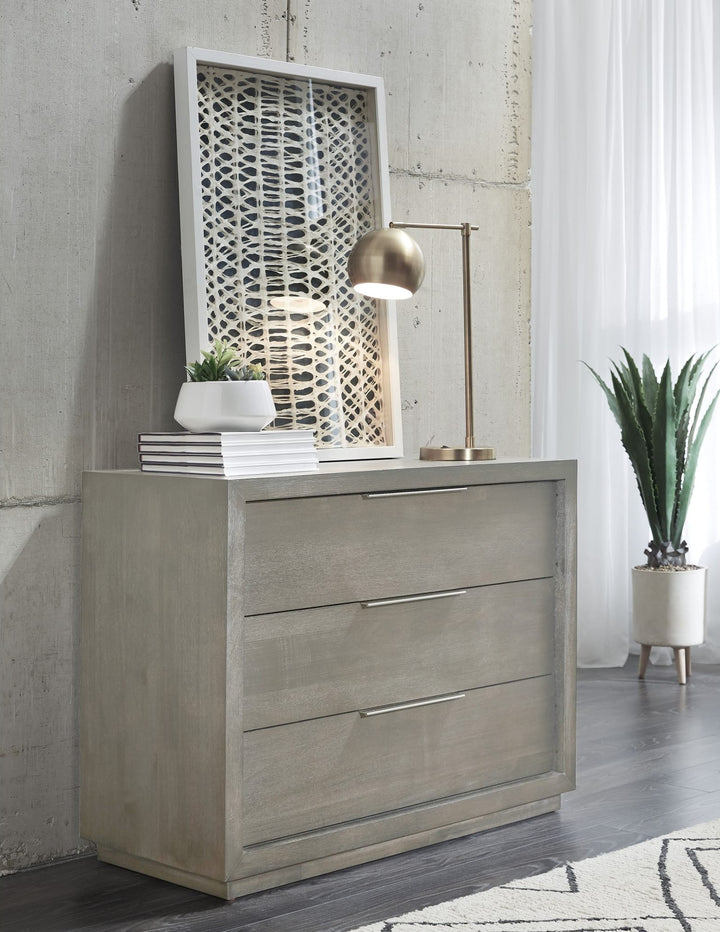 Oxford Three Drawer Nightstand in Mineral — styled in a room