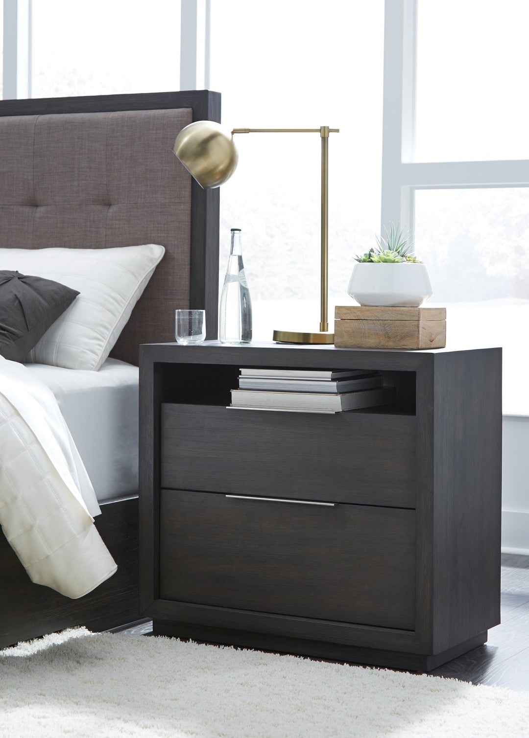 Oxford Two Drawer Nightstand in Basalt Grey — in a bedroom setting