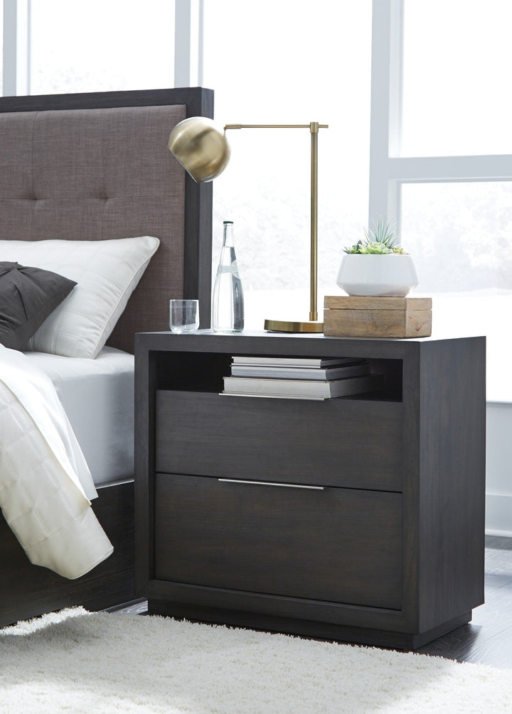 Oxford Two Drawer Nightstand in Basalt Grey — in a bedroom setting
