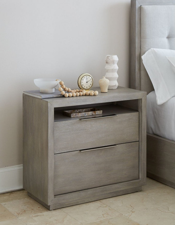 Oxford Two Drawer Nightstand in Mineral — in a bedroom setting