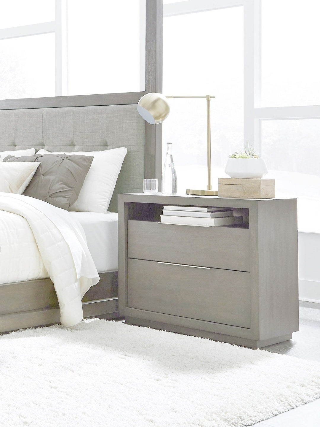 Oxford Two Drawer Nightstand in Mineral — in a bedroom setting
