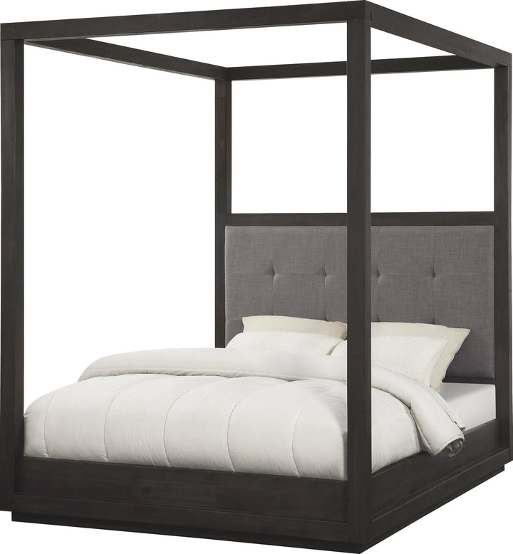 Oxford Upholstered Canopy Bed by Modus in Basalt Grey — white background, angled view